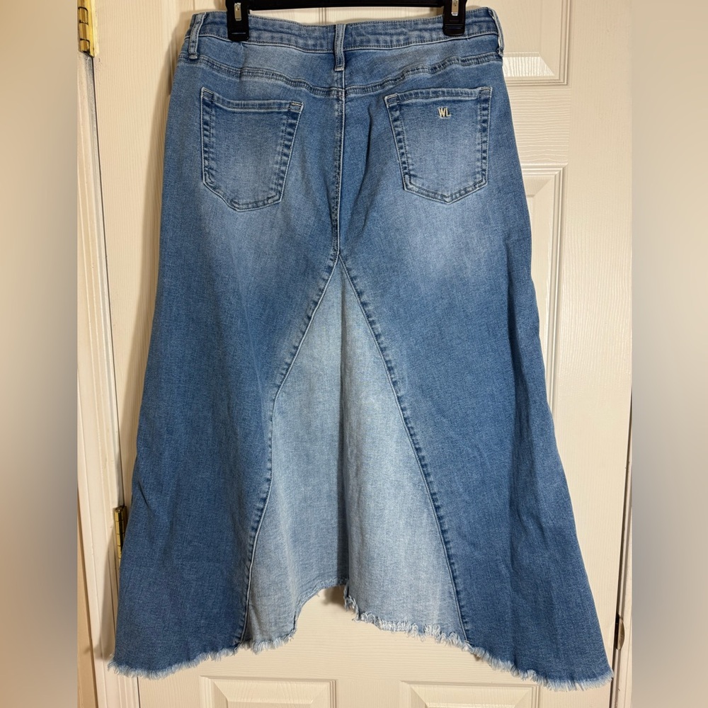 Wash Lab Asymmetrical Pierced Denim Midi Skirt Size 31 Frayed Hem Jean Skirt - Picture 4 of 11